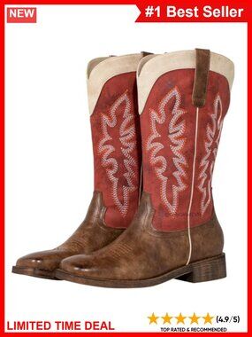 Womens Square Toe Cowboy Boots Wide Calf Pull-On Embroidered Mid-Calf Western